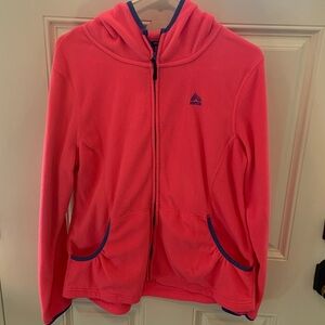 Pink light fleece hooded jacket with purple trim. Size XL